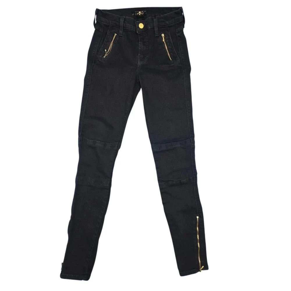 7 For All Mankind Womens 24 Black Moto Skinny Jeans Gold Zip Biker‎ AU6330255A